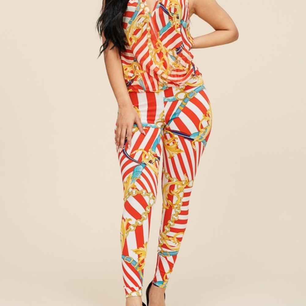 2pc Red Multi Color Print Sleeveless Leggings Set - image 2